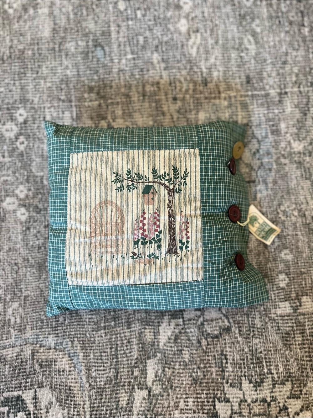 Vintage Alice’s Cottage Country Garden Throw Pillow Green Gingham Birdhouse
